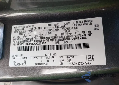 2013 Ford Escape Se from USA, damaged, VIN 1FMCU0G93DUC26307